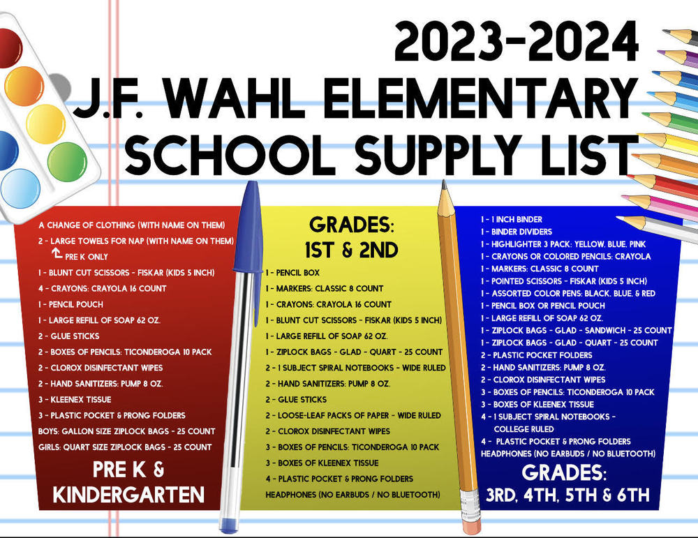 J.F.Wahl Elementary School Supplies HELENAWEST HELENA SCHOOLS